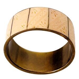1970s-1980s Boho Bangle Bracelet Brass with Carved Cow Bone Panels Handmade